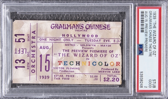 August 15, 1939 "The Wizard Of Oz" Graumans Chinese Theater Preview Premier Ticket Stub - PSA GOOD 2